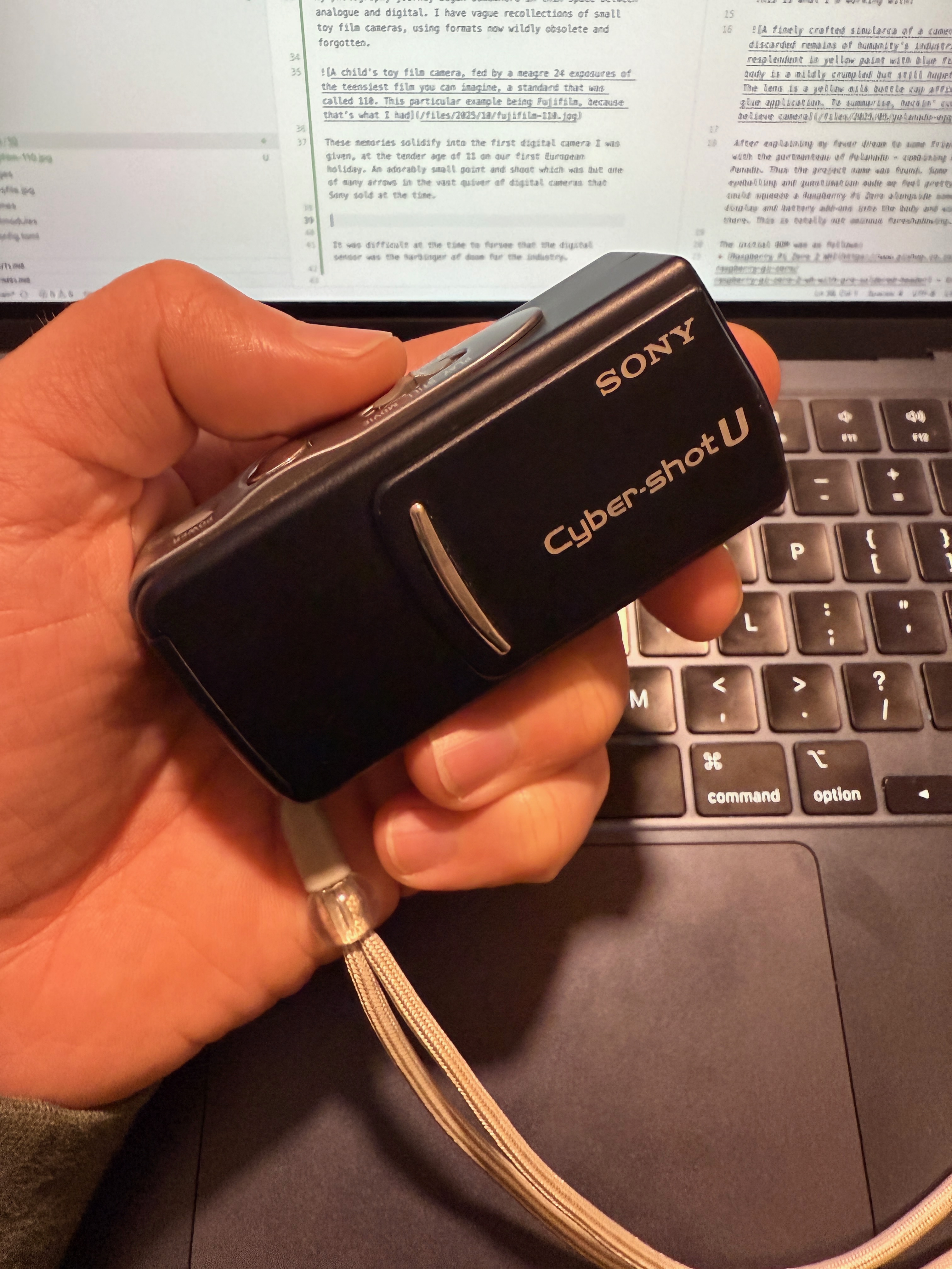 A Sony DSC-U20, one of the smallest early digital cameras (background has free previews of unpublished blogposts, reader beware!). This is the actual specific camera which was my first digital camera, and it still works! Sony was well known at the time to have a vast catalogue of point and shoot cameras, dominating the market in every niche except the high-end of interchangeable lens cameras.